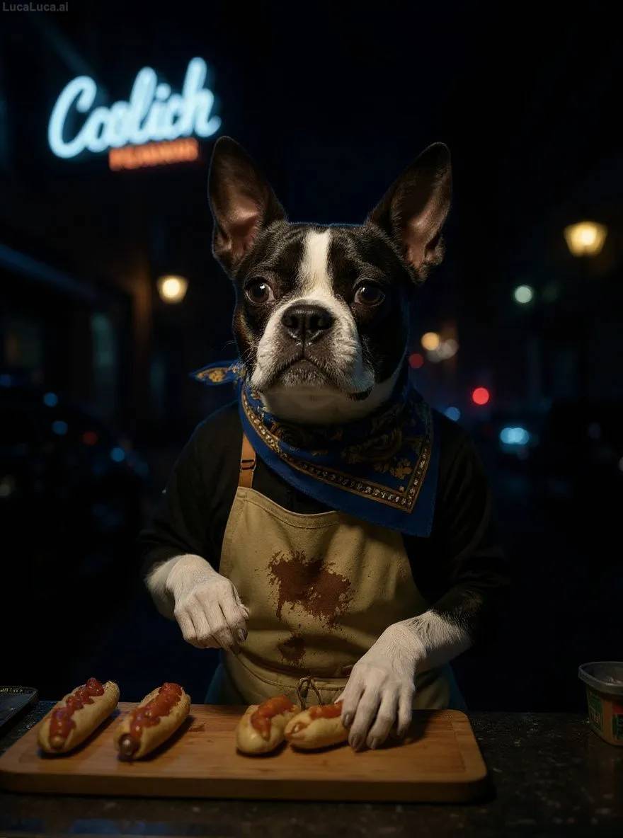 Boston Terrier dog in a stained apron flipping hot dogs at a neon-lit food stand