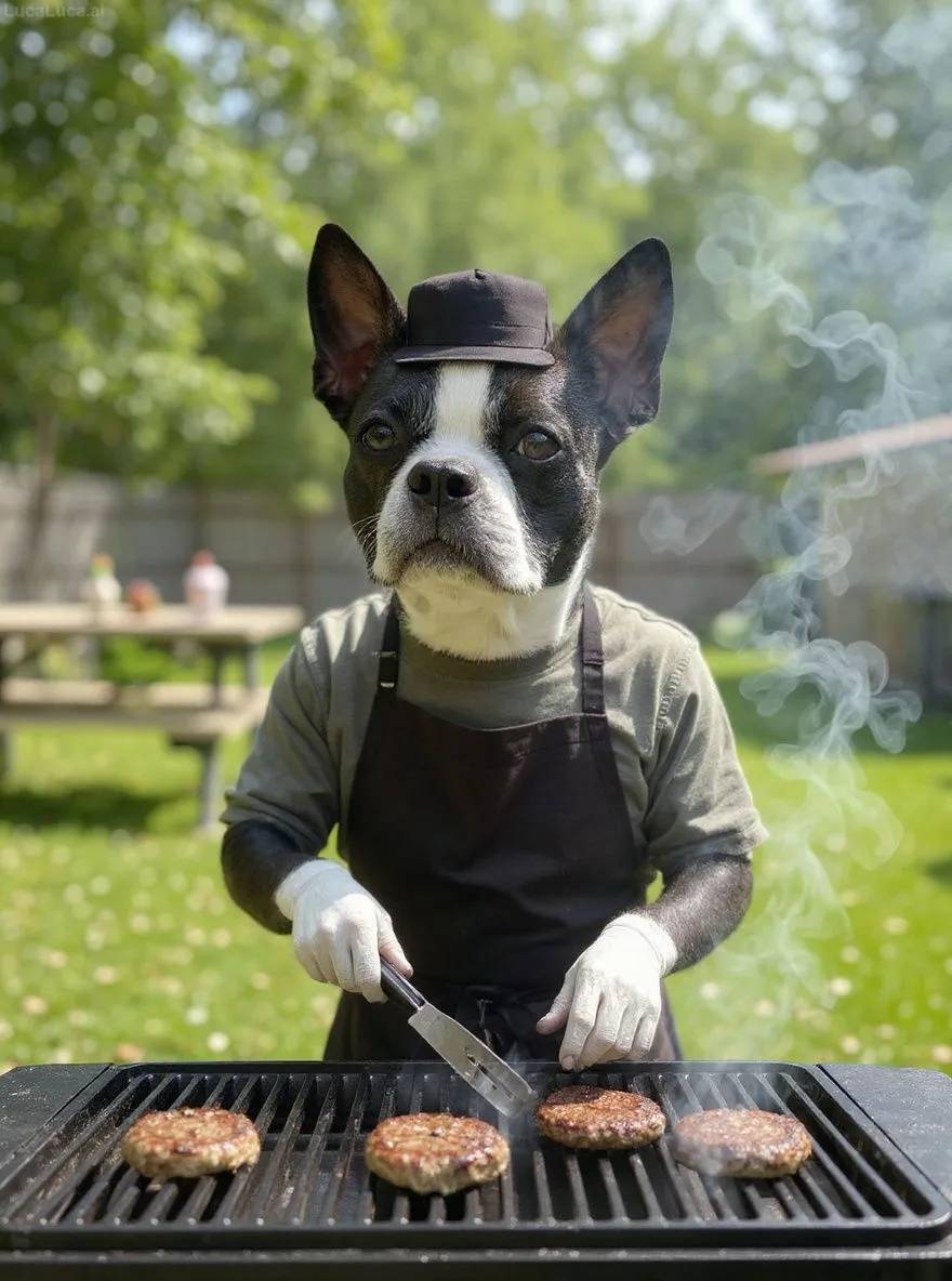 Boston Terrier dog wearing an apron flipping burgers at a backyard barbecue