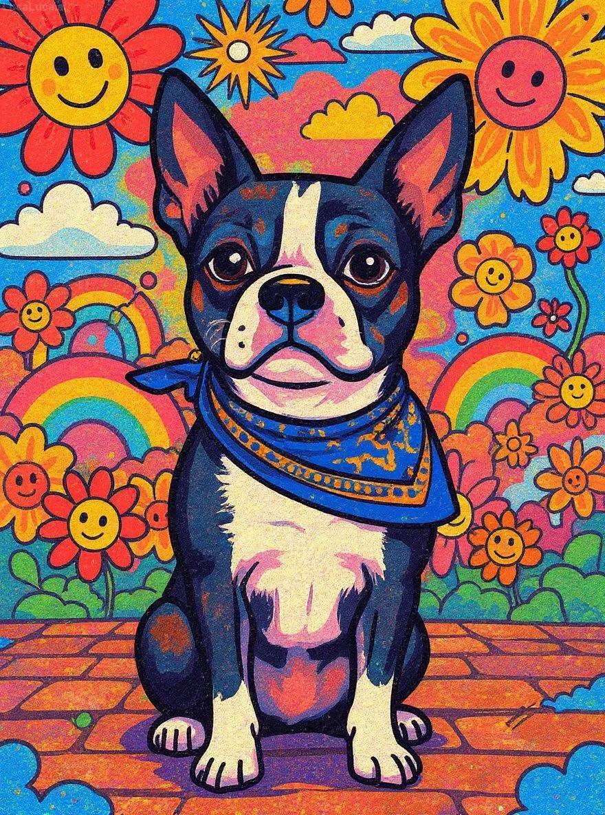 Boston Terrier dog in Japanese pop art style with smiling flowers and bright colors
