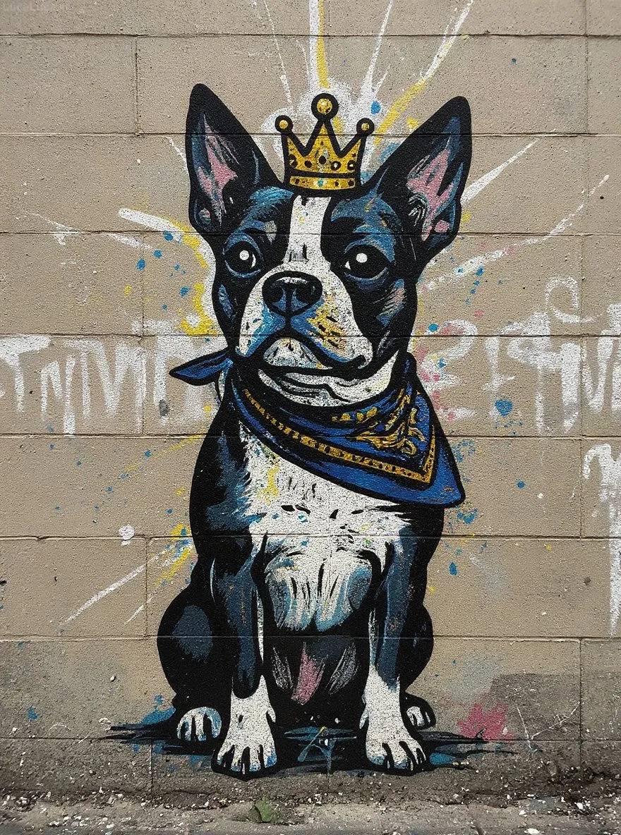 Boston Terrier dog as stencil graffiti street art on a concrete wall