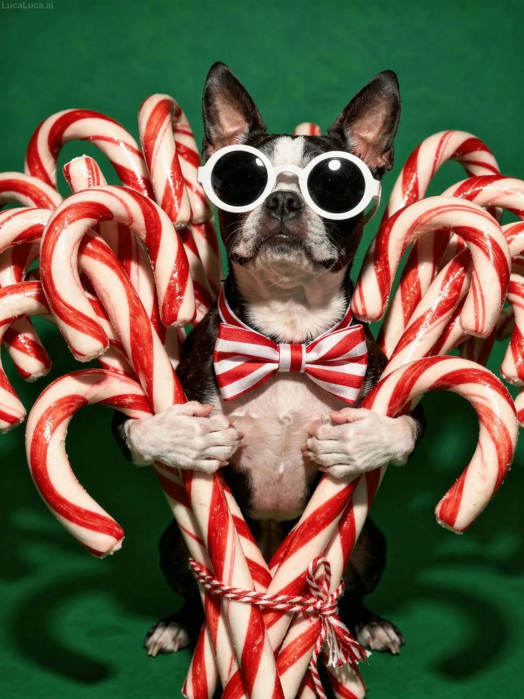 Boston Terrier dog wearing white sunglasses and striped bow tie holding candy canes