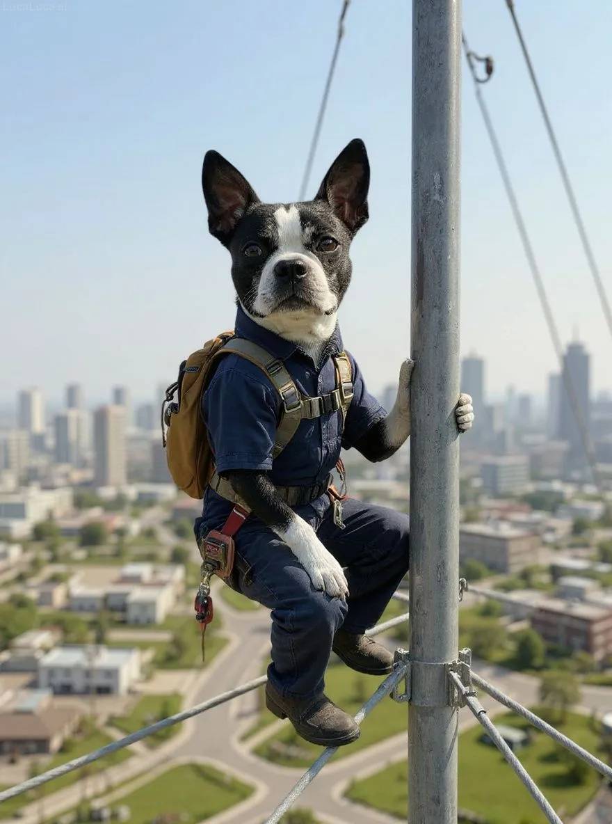 Boston Terrier dog in work overalls on an electrical tower holding tools
