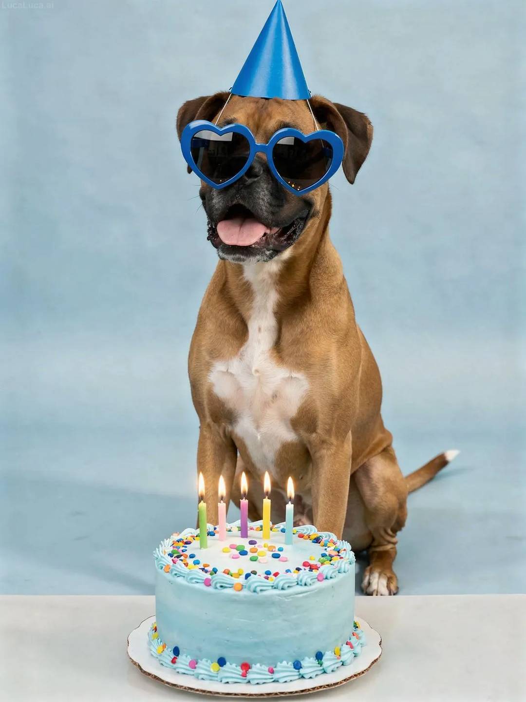 Boxer dog wearing blue heart sunglasses with a pastel blue birthday cake