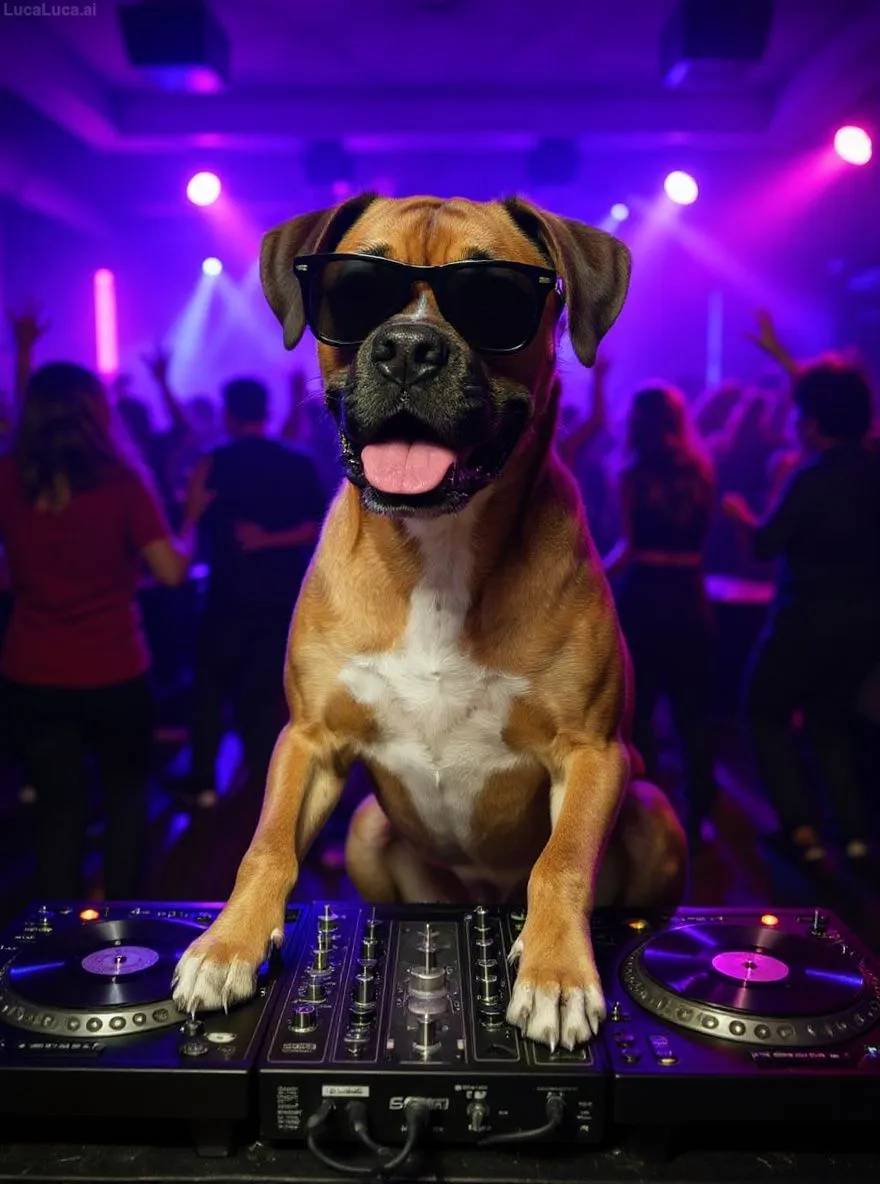 Boxer dog wearing sunglasses with paws on turntables at a nightclub