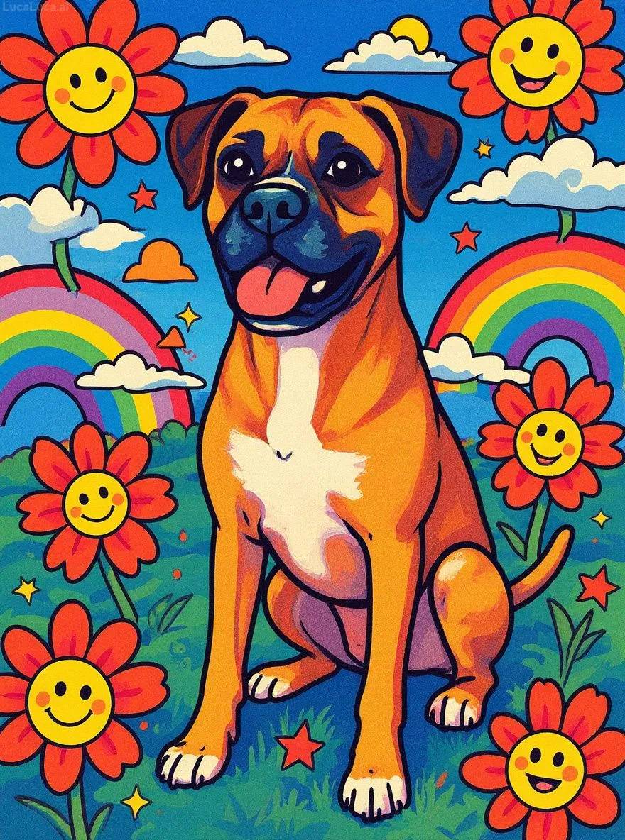 Boxer dog in Japanese pop art style with smiling flowers and bright colors