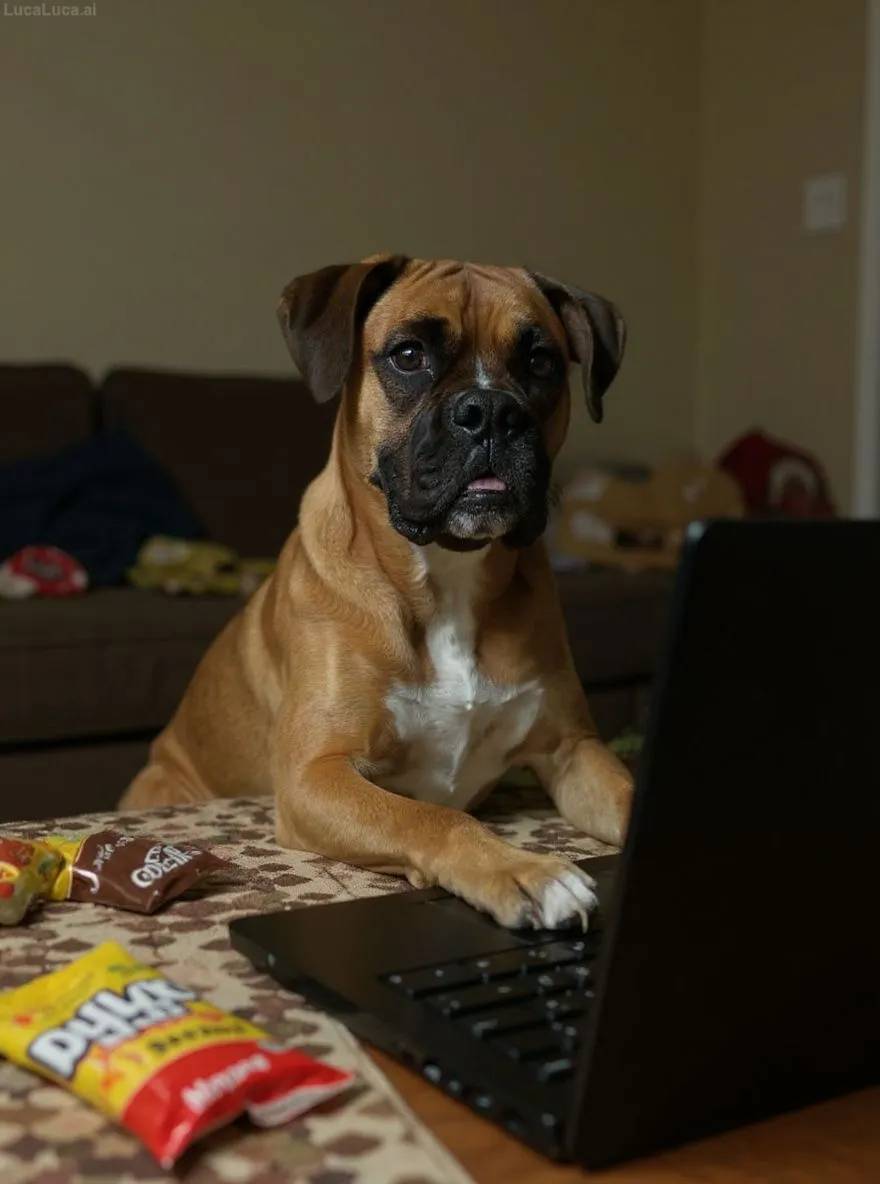 Boxer dog in front of a laptop at night surrounded by snack bags
