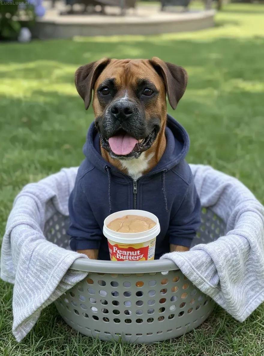 Boxer dog wrapped in a hoodie in a laundry basket holding peanut butter