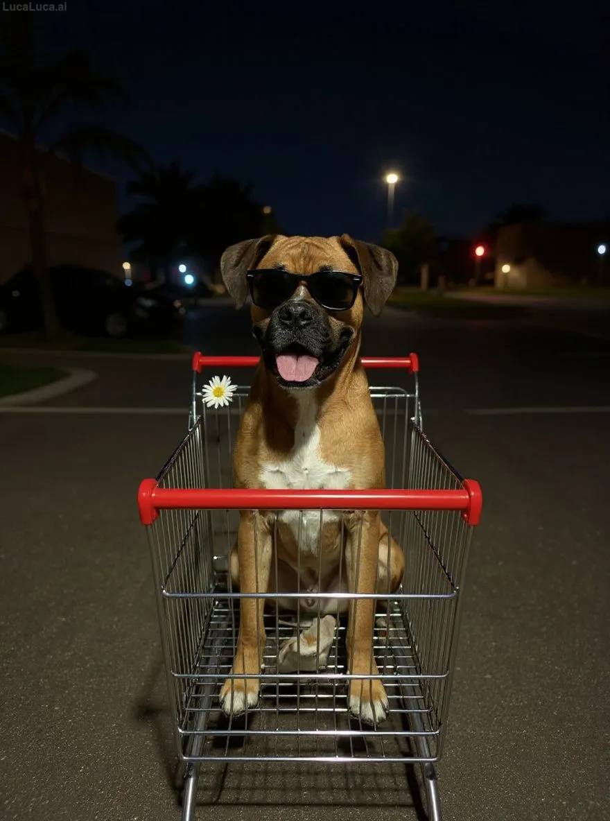 Boxer dog wearing sunglasses riding in a shopping cart at night