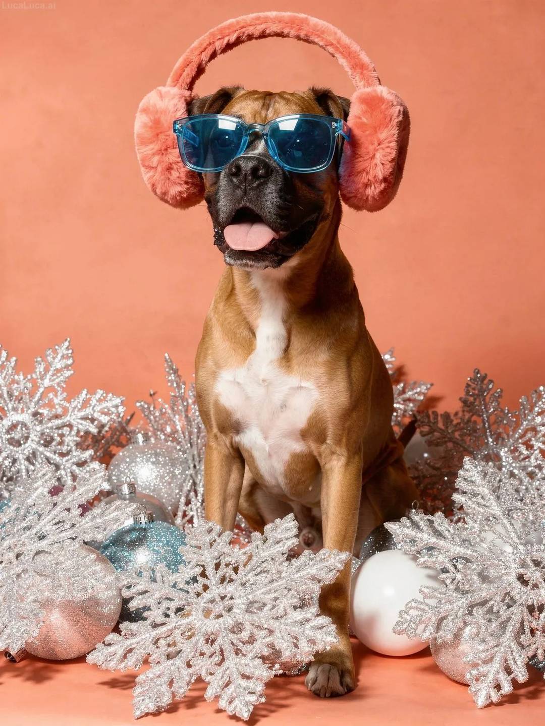 Boxer dog wearing blue sunglasses and coral earmuffs holding snowflake ornaments