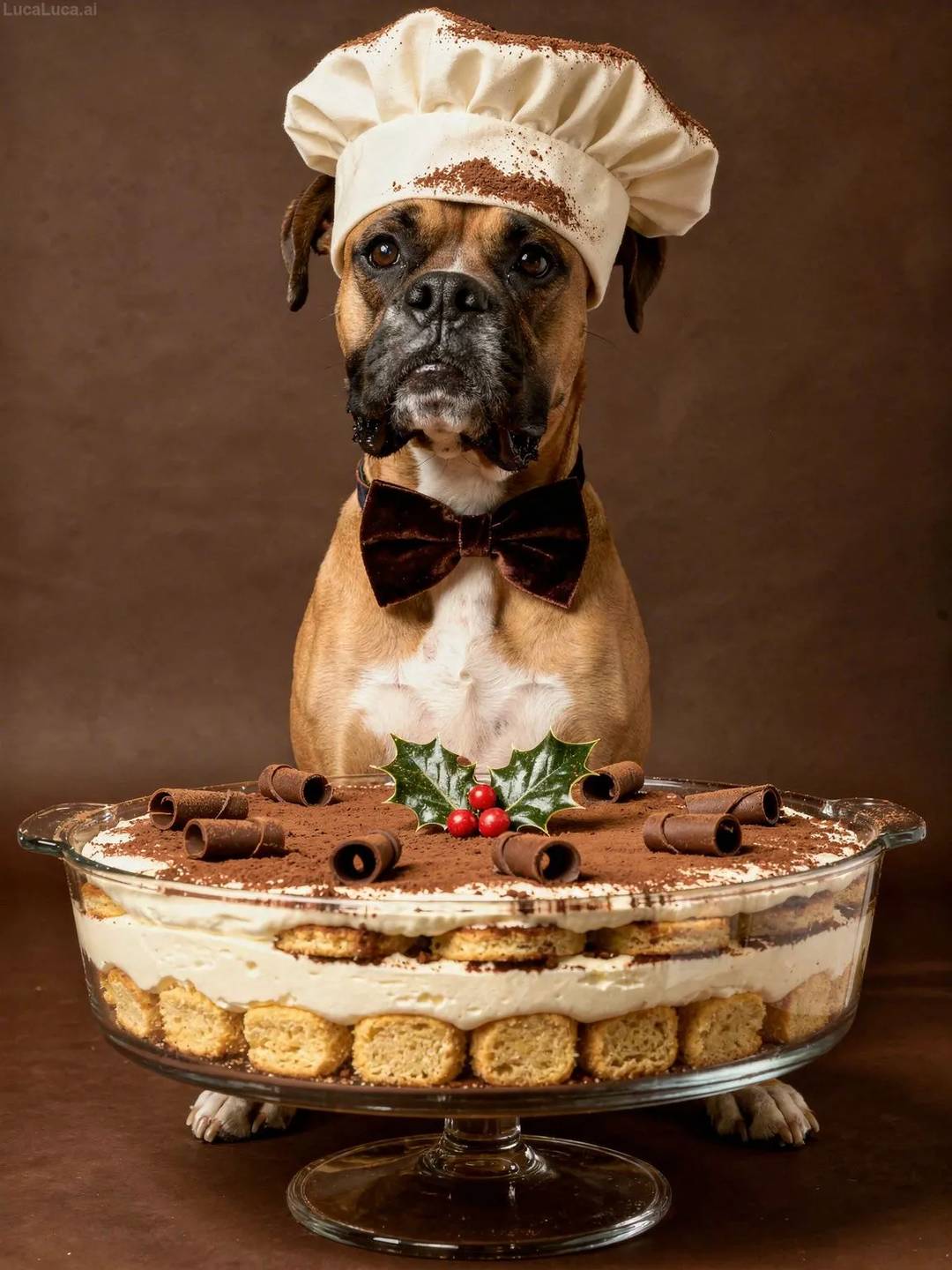 Boxer dog wearing a chef hat dusted with cocoa holding a tiramisu