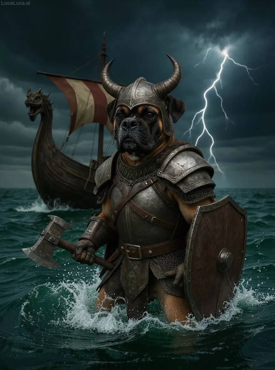 Boxer dog in Viking armor with horned helmet and axe on a stormy sea