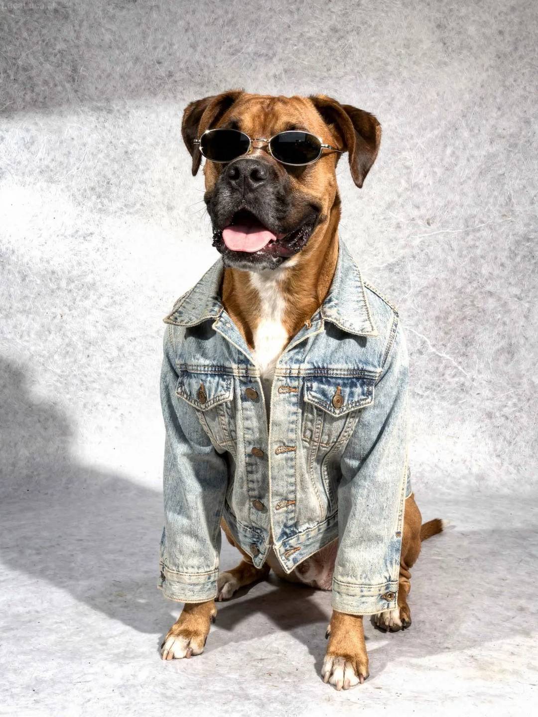 Boxer dog wearing a vintage denim jacket and oval sunglasses