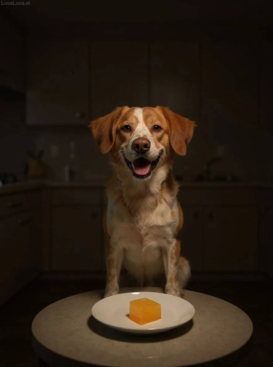 Brittany dog on a kitchen chair staring at a jelly cube under dramatic lighting