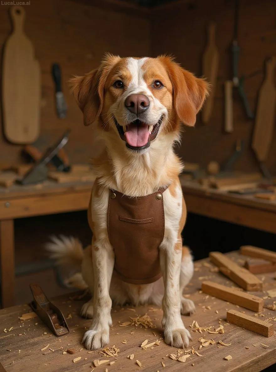 Brittany dog wearing a leather apron holding woodworking tools in a workshop