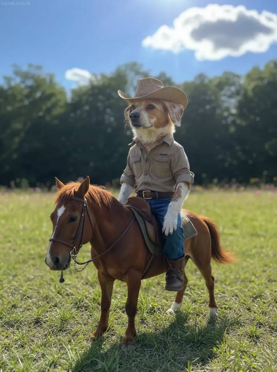 Brittany dog dressed as a cowboy riding a small horse
