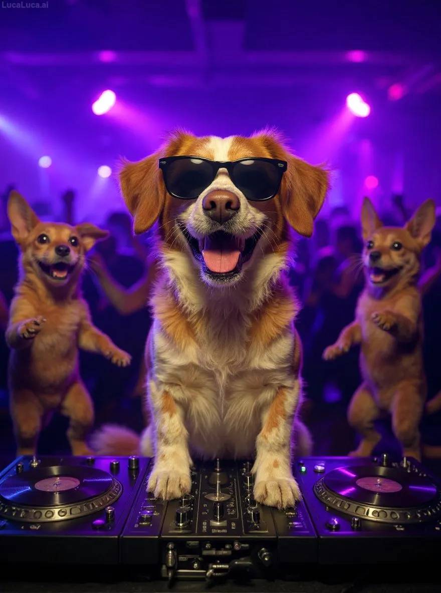 Brittany dog wearing sunglasses with paws on turntables at a nightclub