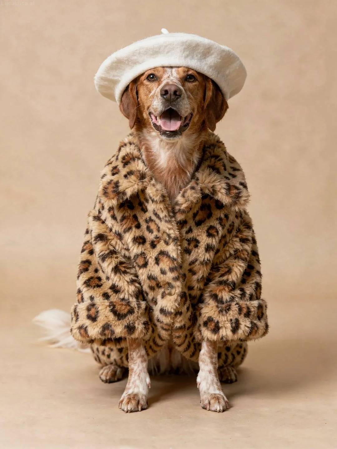 Brittany dog wearing a white beret and leopard-print faux fur coat