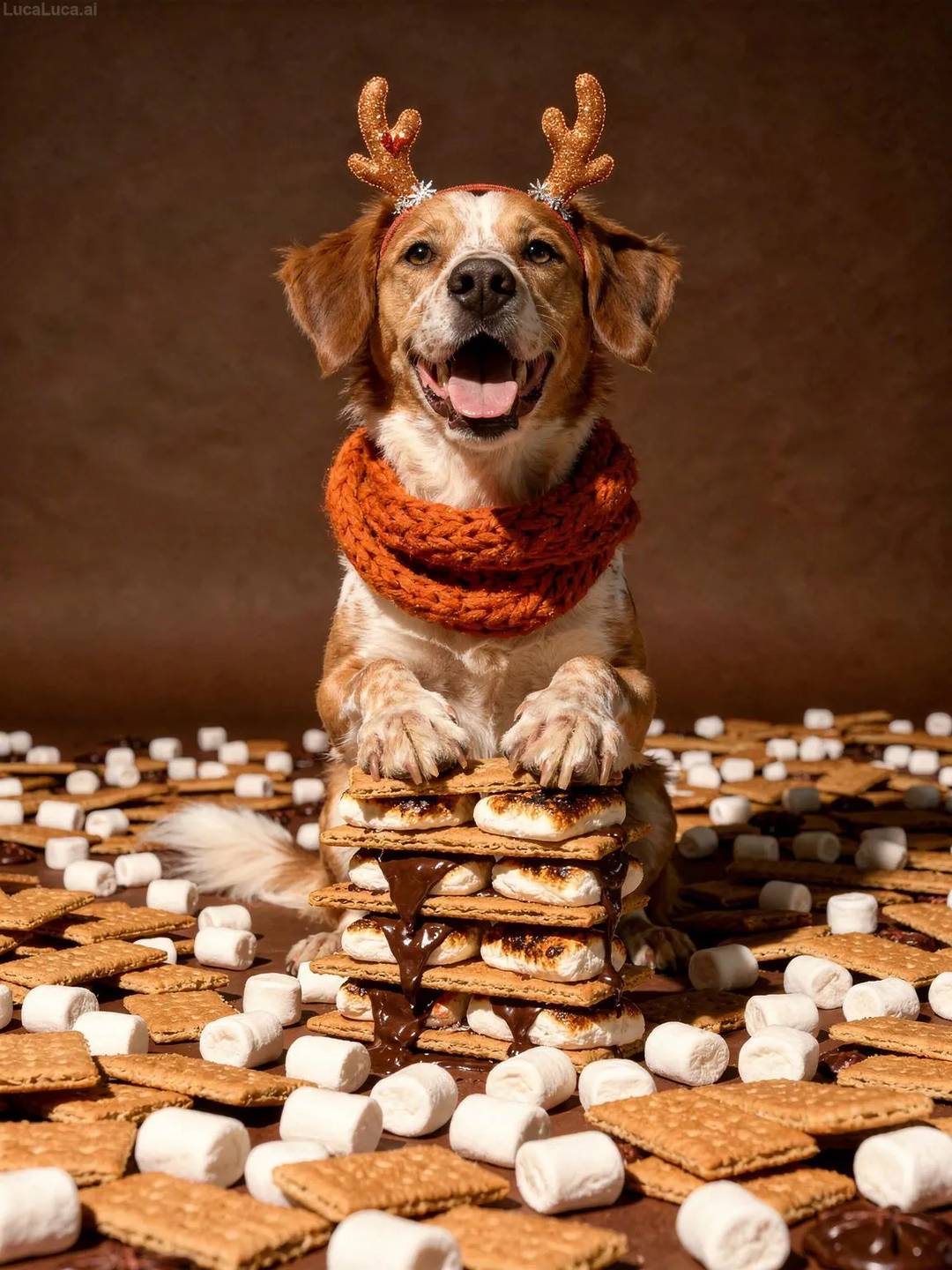 Brittany dog wearing an orange scarf and antler headband holding s'mores