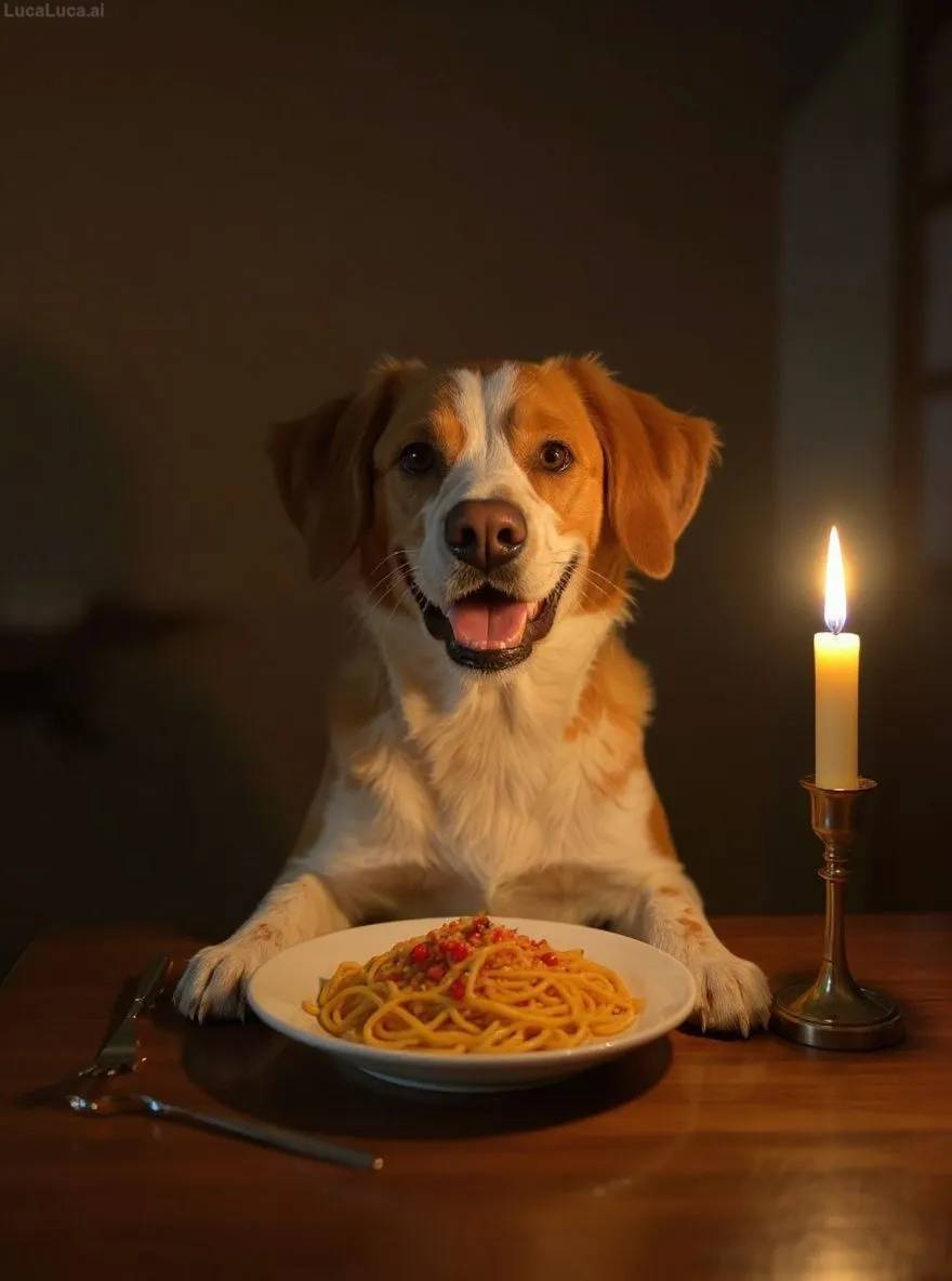 Brittany dog eating spaghetti alone at a candlelit table
