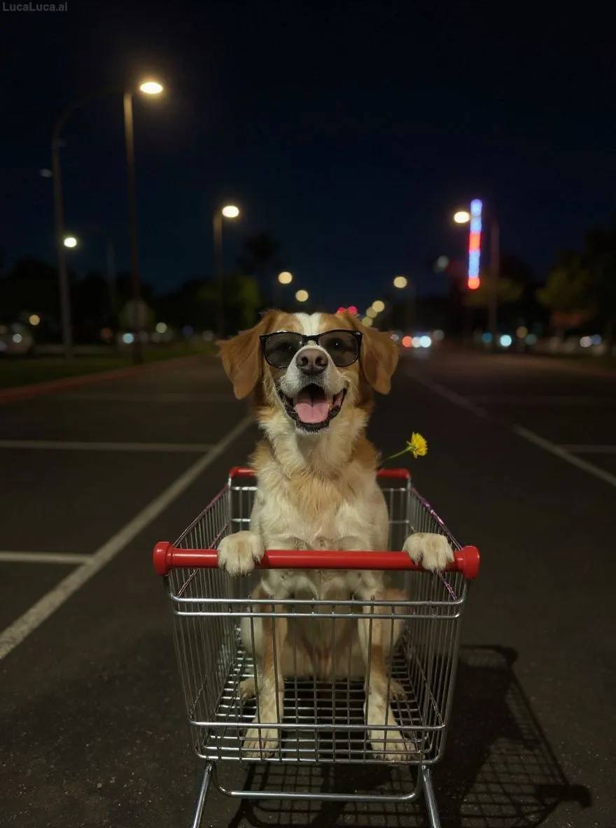 Brittany dog wearing sunglasses riding in a shopping cart at night