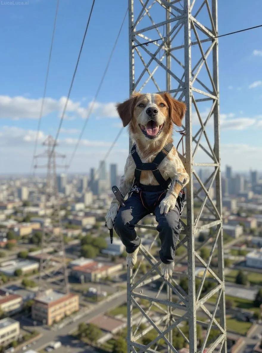 Brittany dog in work overalls on an electrical tower holding tools