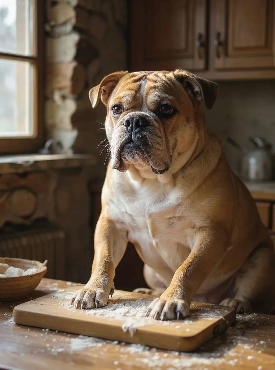 Bulldog dog kneading dough in a rustic cottage kitchen