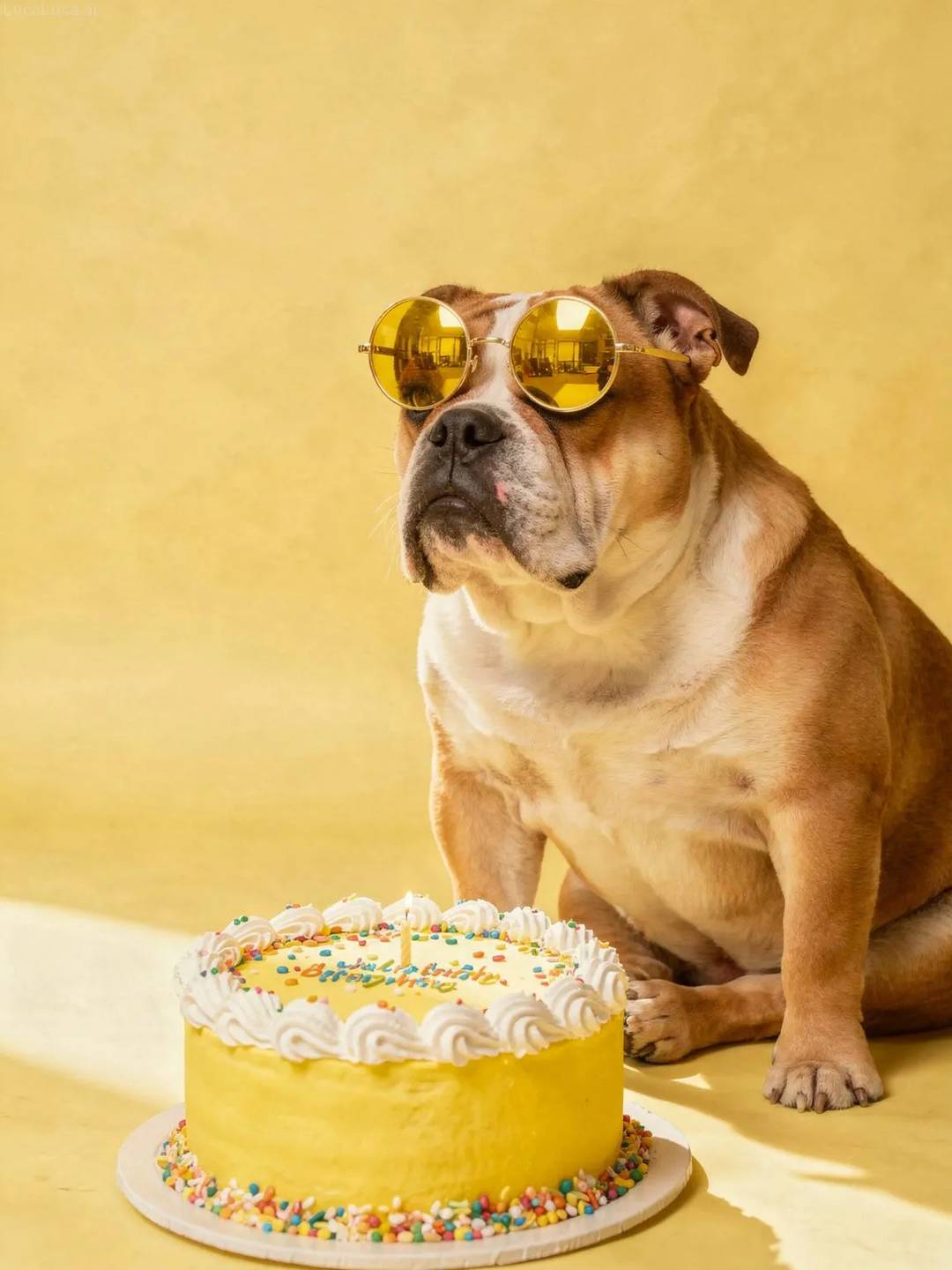 Bulldog dog wearing yellow sunglasses with a lemon-yellow cake and confetti