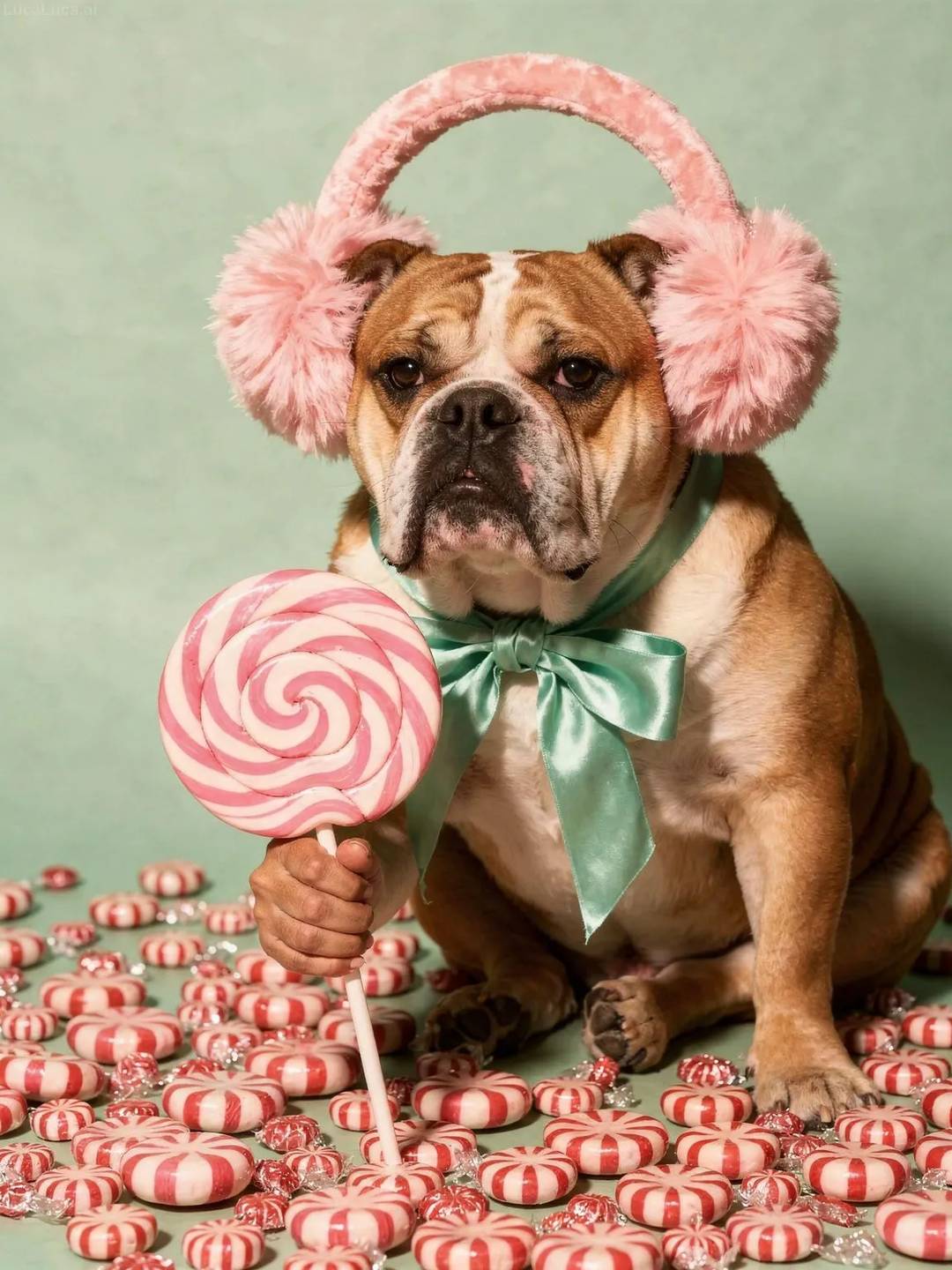 Bulldog dog wearing pink earmuffs holding a swirl lollipop and peppermints