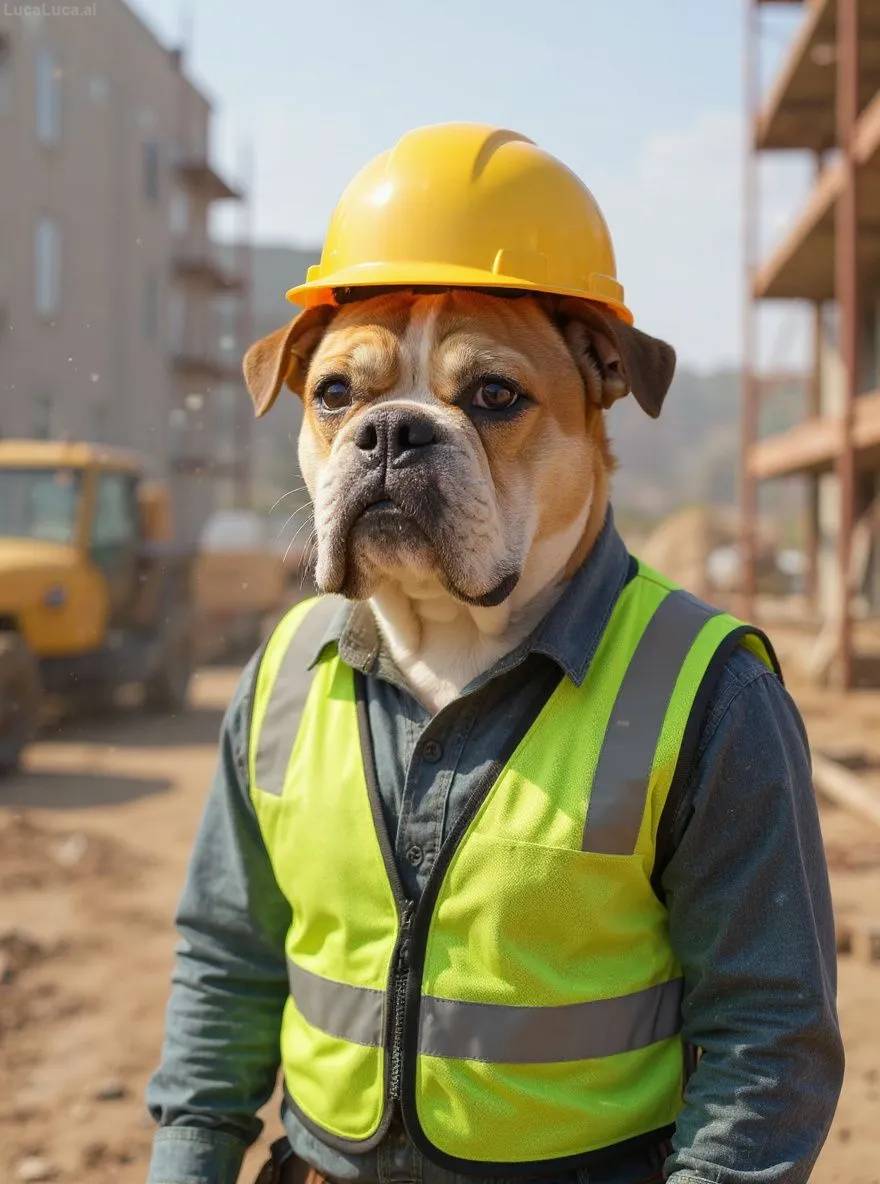 Bulldog dog wearing a hard hat and safety vest at a construction site
