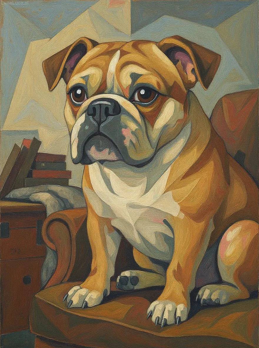 Bulldog dog portrait in cubist style with geometric shapes and bold colors