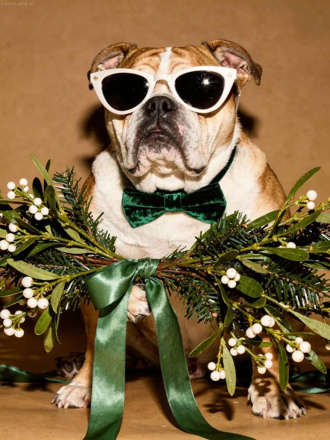 Bulldog dog wearing white cat-eye sunglasses holding a bundle of mistletoe