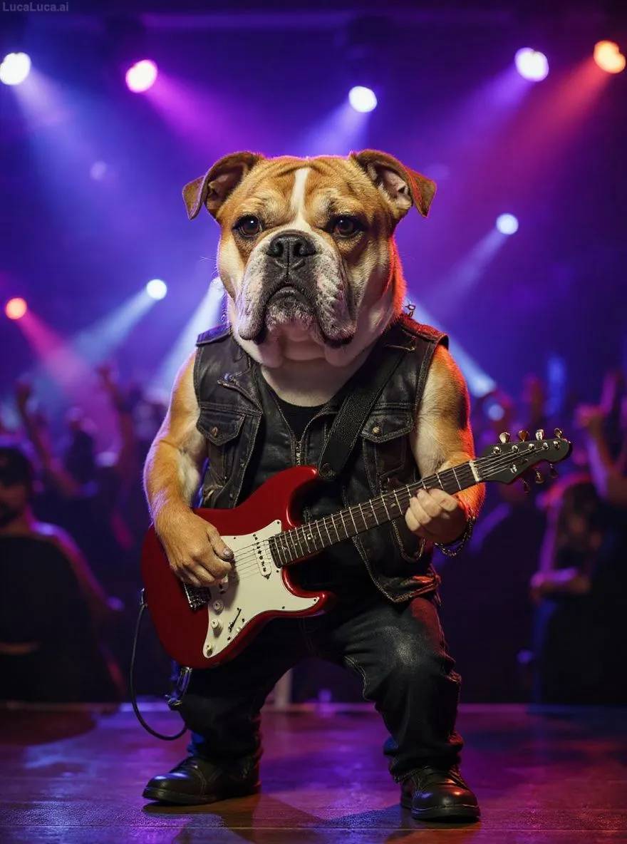 Bulldog dog on stage with an electric guitar under bright lights