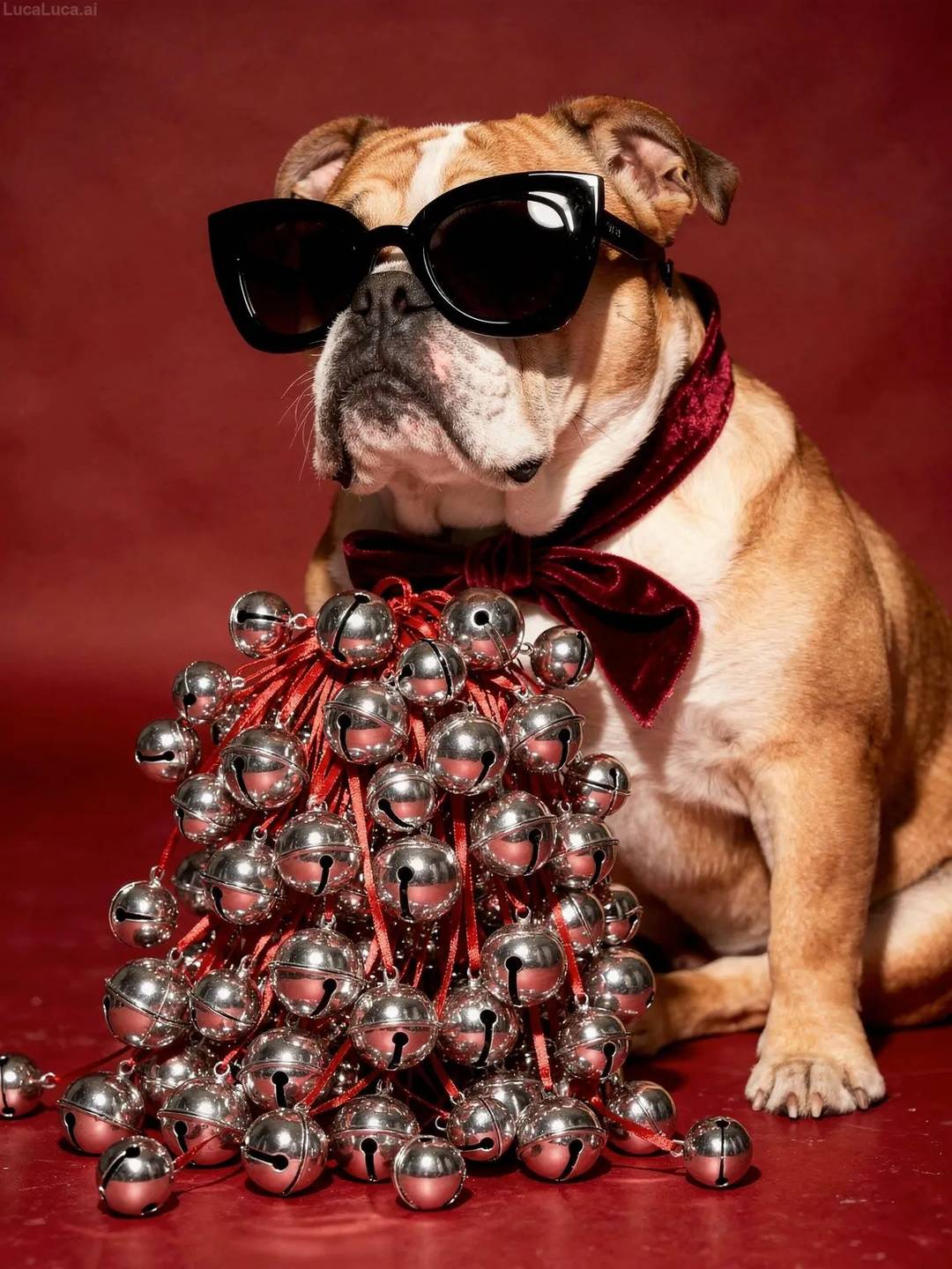 Bulldog dog wearing black cat-eye sunglasses holding silver jingle bells