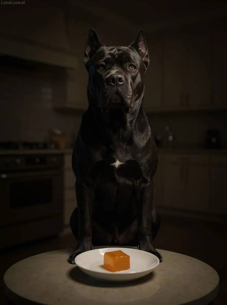 Cane Corso dog on a kitchen chair staring at a jelly cube under dramatic lighting