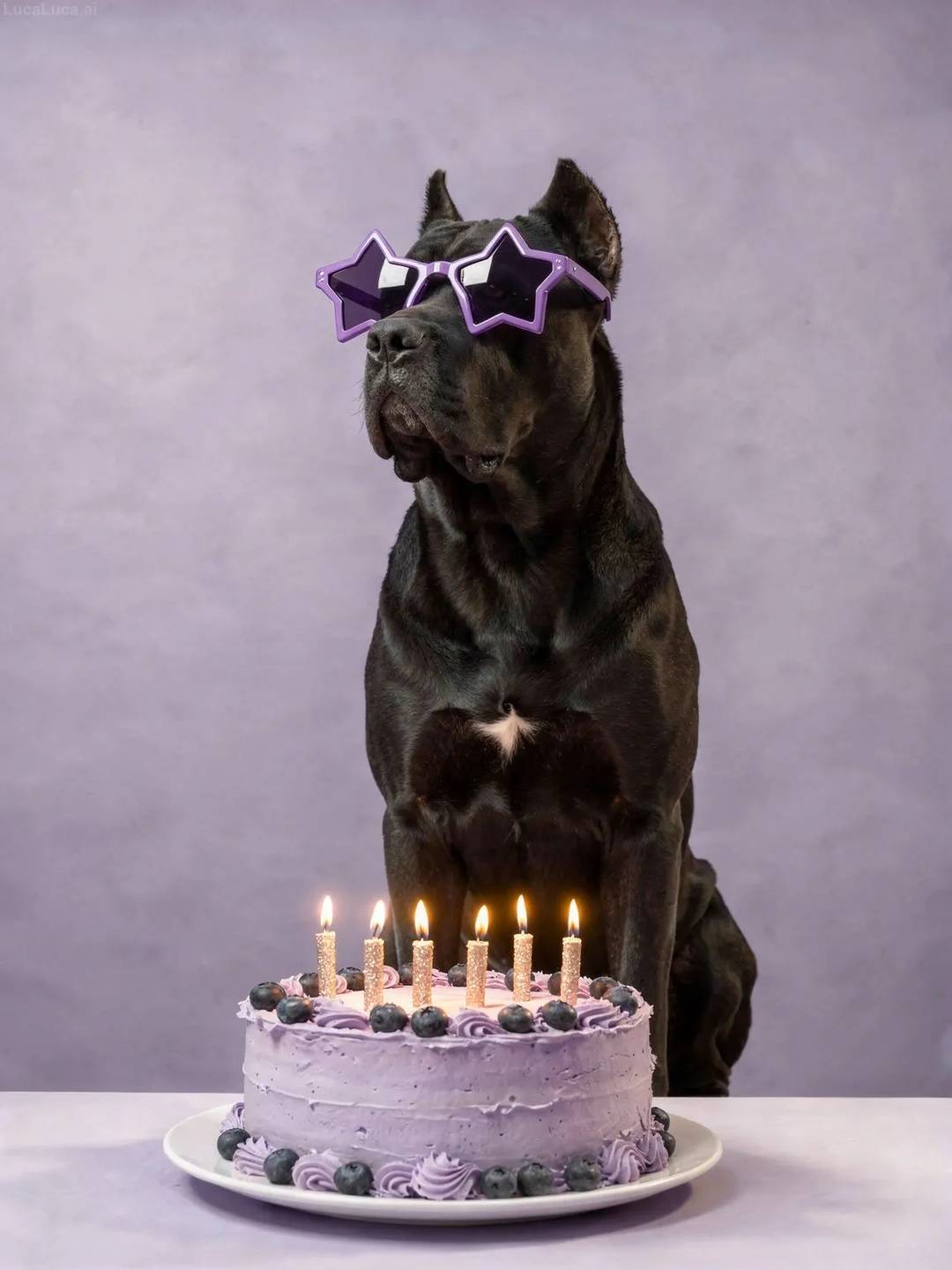 Cane Corso dog wearing purple star sunglasses with a lavender cake