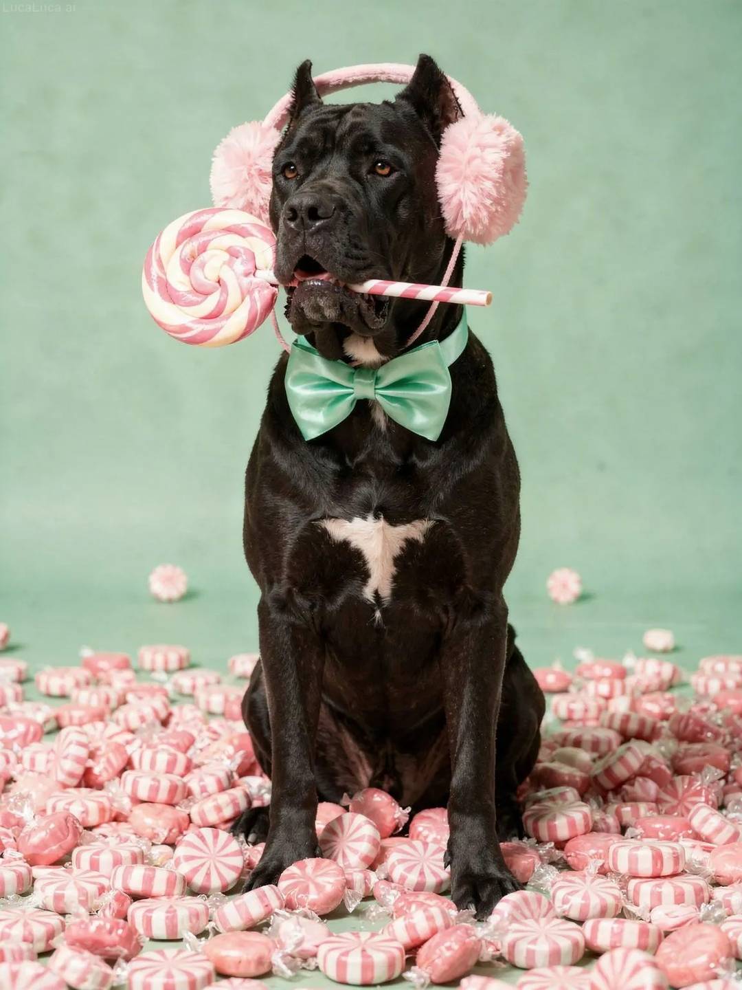 Cane Corso dog wearing pink earmuffs holding a swirl lollipop and peppermints