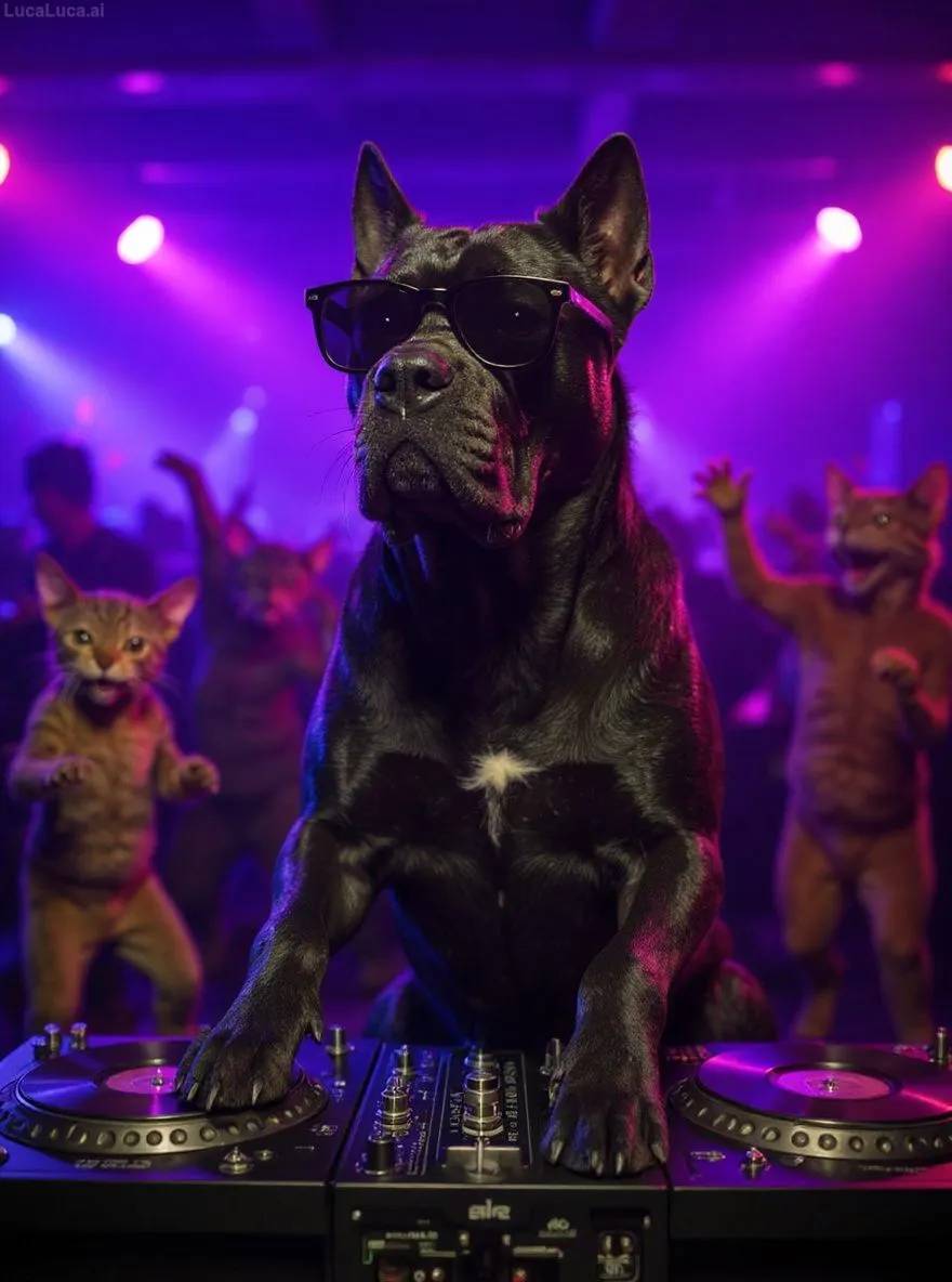 Cane Corso dog wearing sunglasses with paws on turntables at a nightclub
