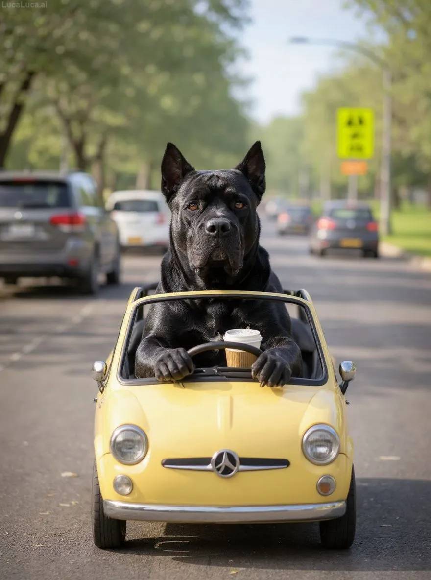 Cane Corso dog behind the wheel of a car holding a coffee cup