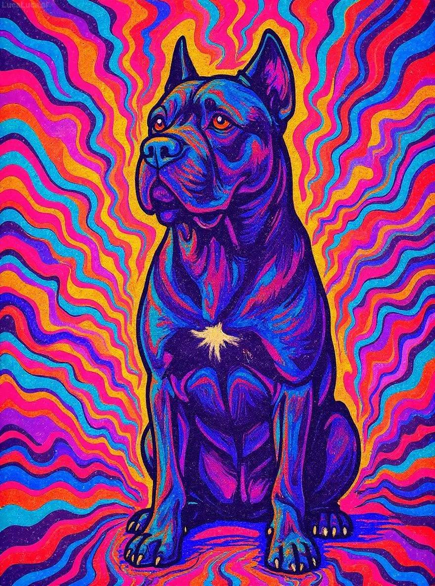 Cane Corso dog in psychedelic 1970s style with neon gradients and swirling patterns