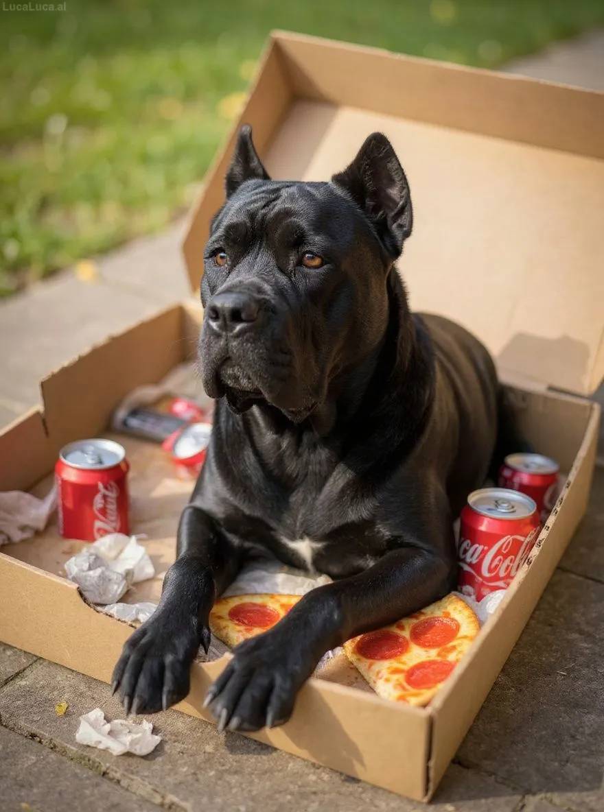 Cane Corso dog curled up in an empty pizza box surrounded by soda cans