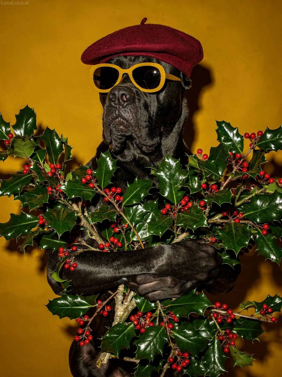 Cane Corso dog wearing yellow sunglasses and a cranberry beret holding holly branches