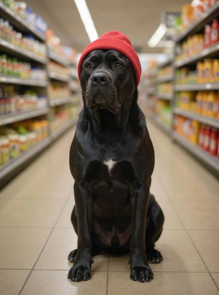 Cane Corso dog wearing a red beanie standing in a convenience store aisle