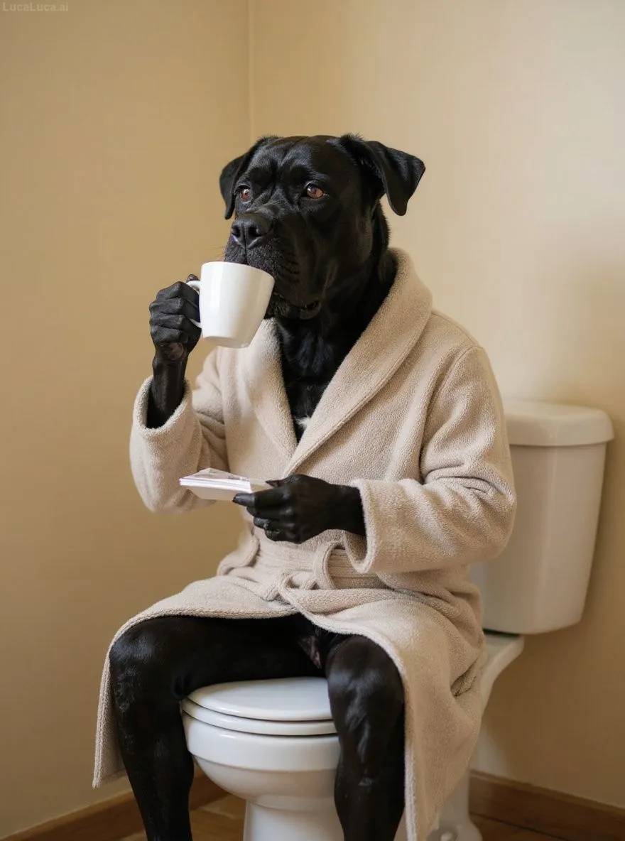 Cane Corso dog in a robe on a toilet lid drinking from a coffee mug