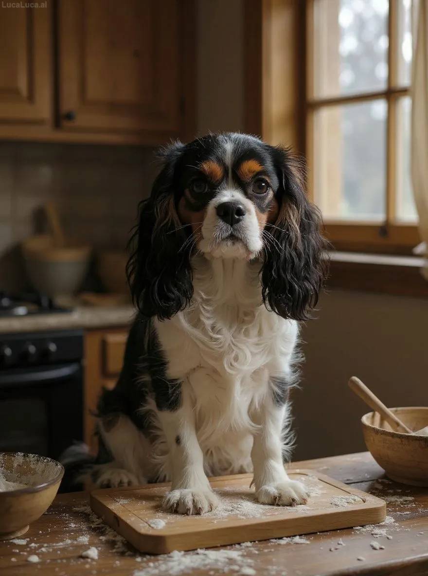 Cavalier King Charles Spaniel dog kneading dough in a rustic cottage kitchen