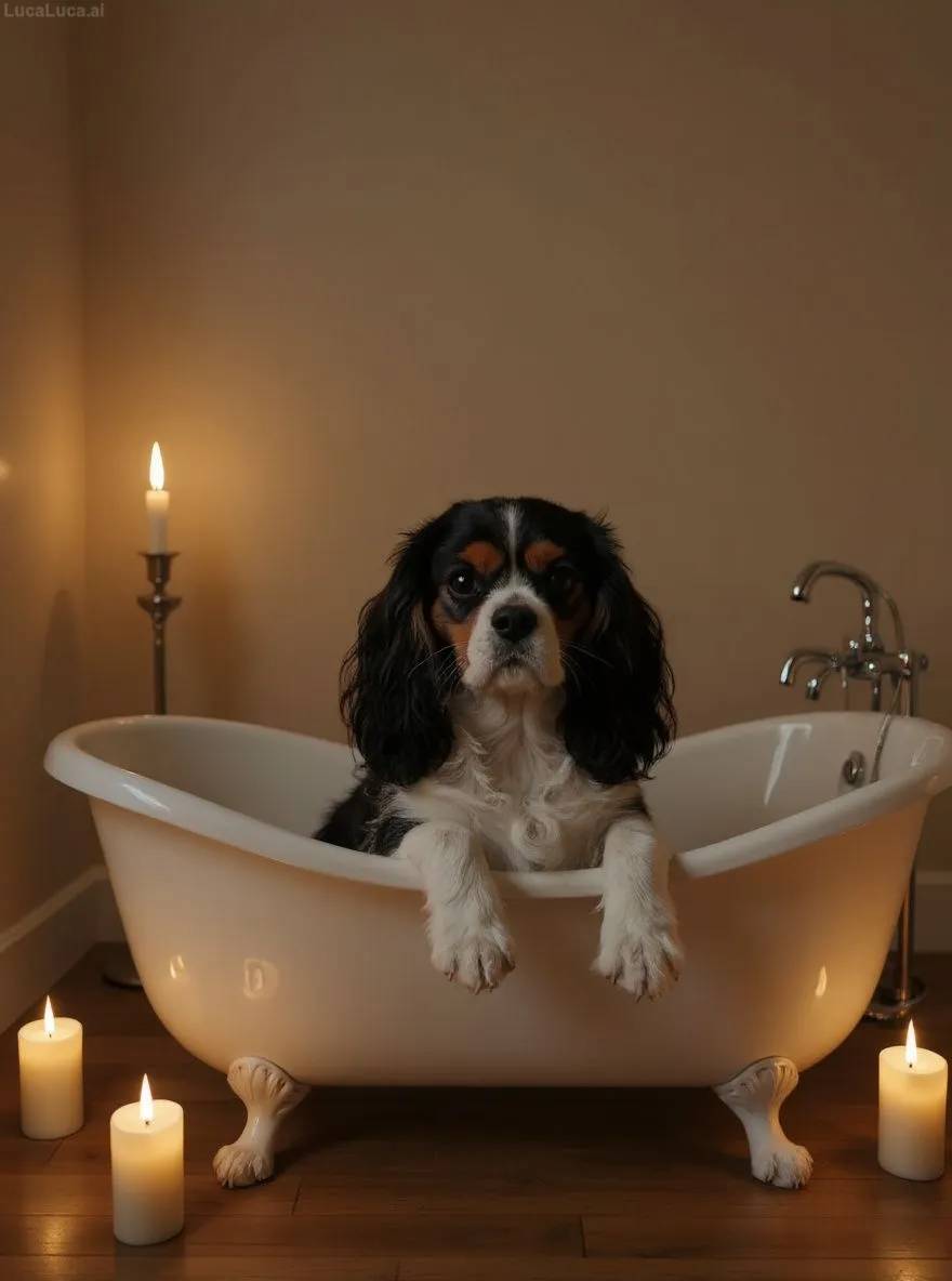 Cavalier King Charles Spaniel dog lying in a bathtub surrounded by candles