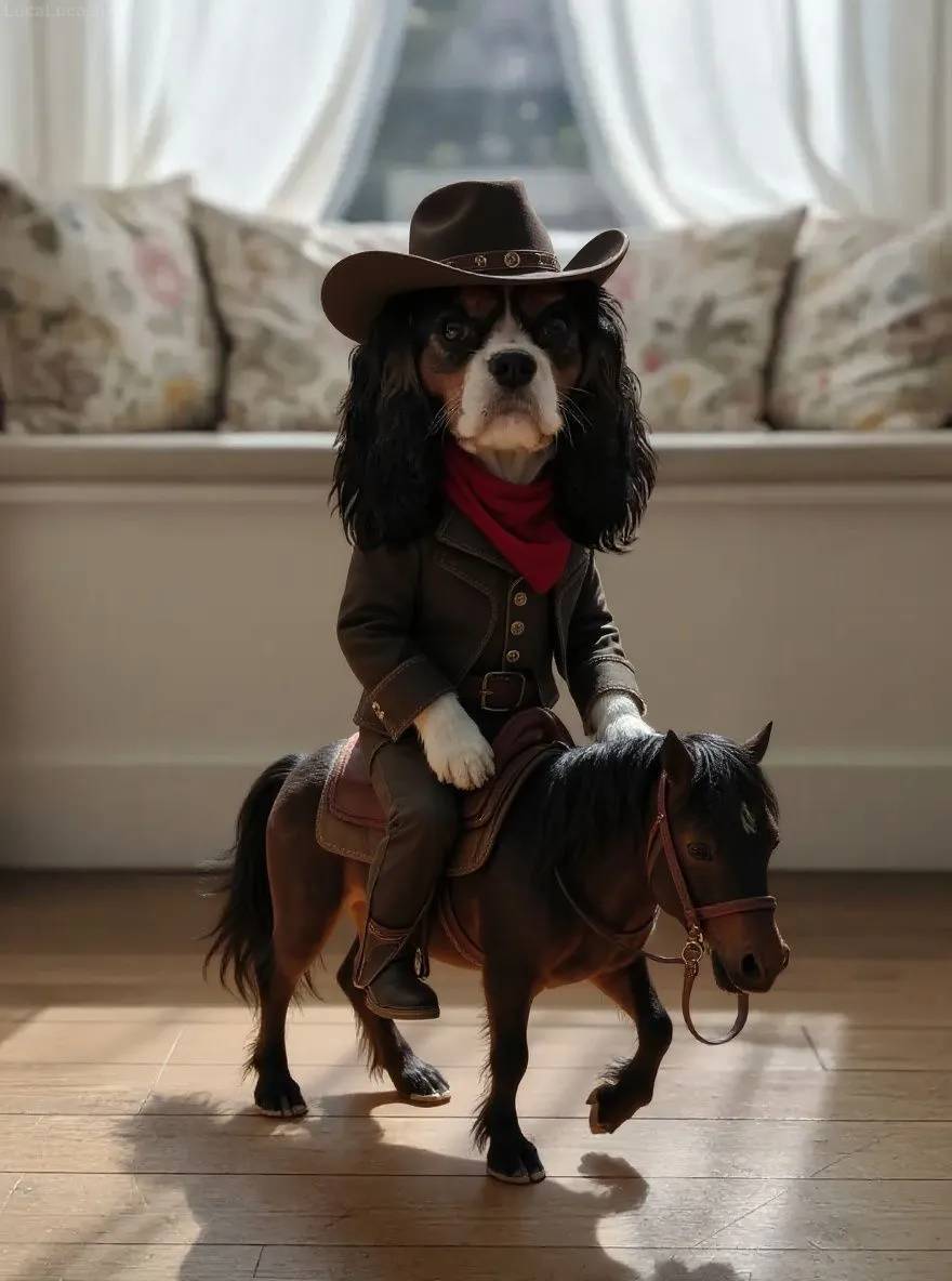 Cavalier King Charles Spaniel dog dressed as a cowboy riding a small horse