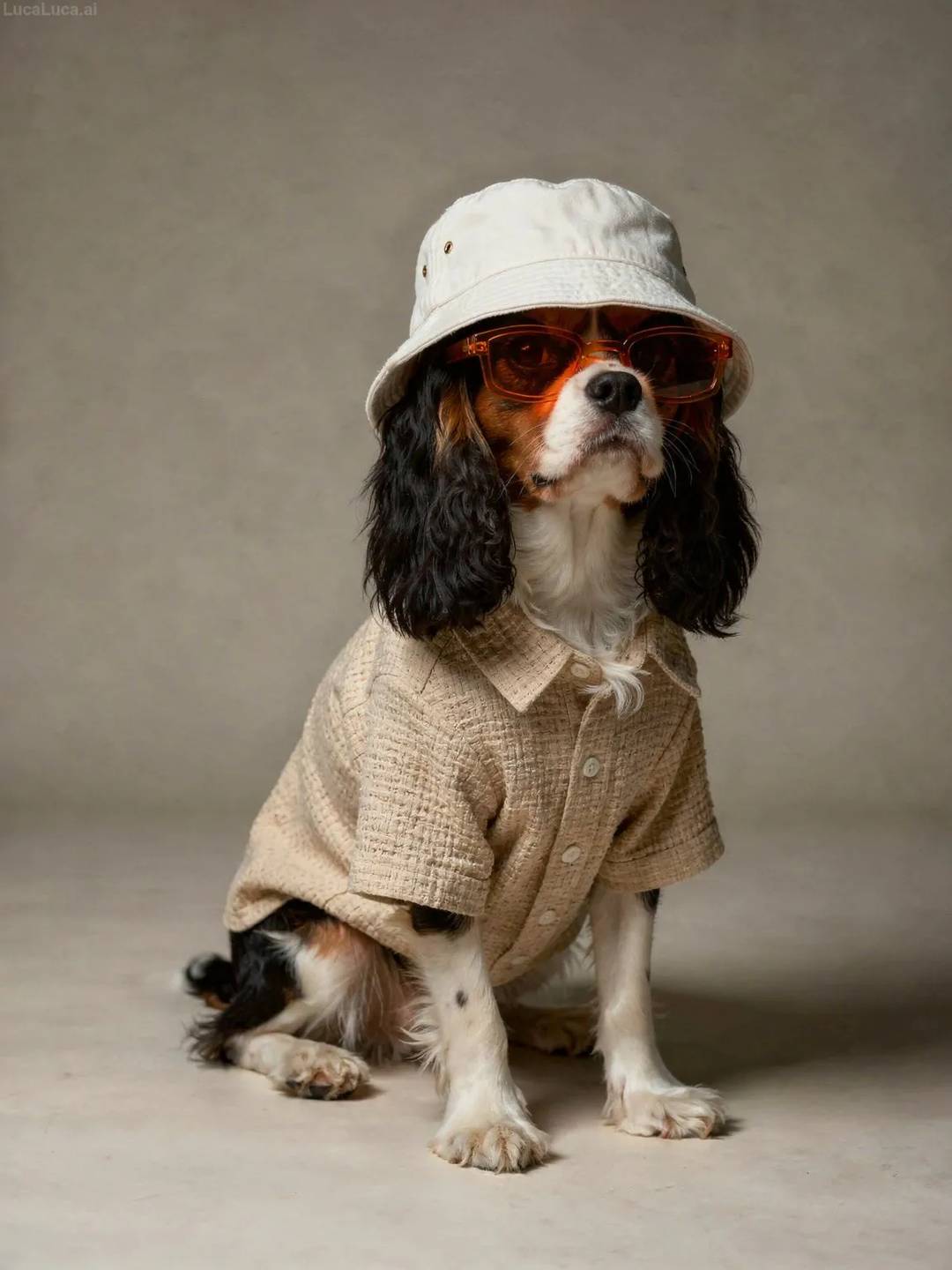 Cavalier King Charles Spaniel dog wearing a beige shirt, sunglasses, and bucket hat in studio lighting