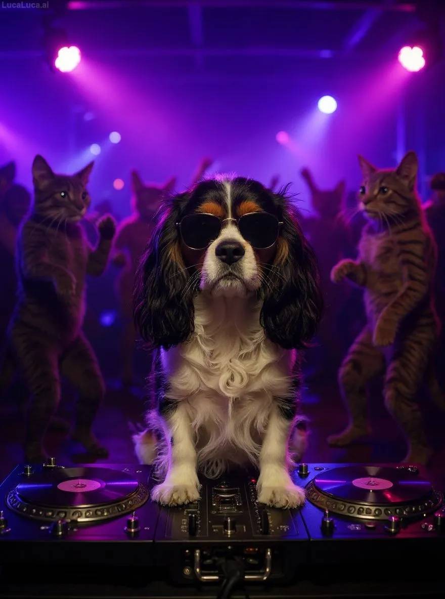 Cavalier King Charles Spaniel dog wearing sunglasses with paws on turntables at a nightclub