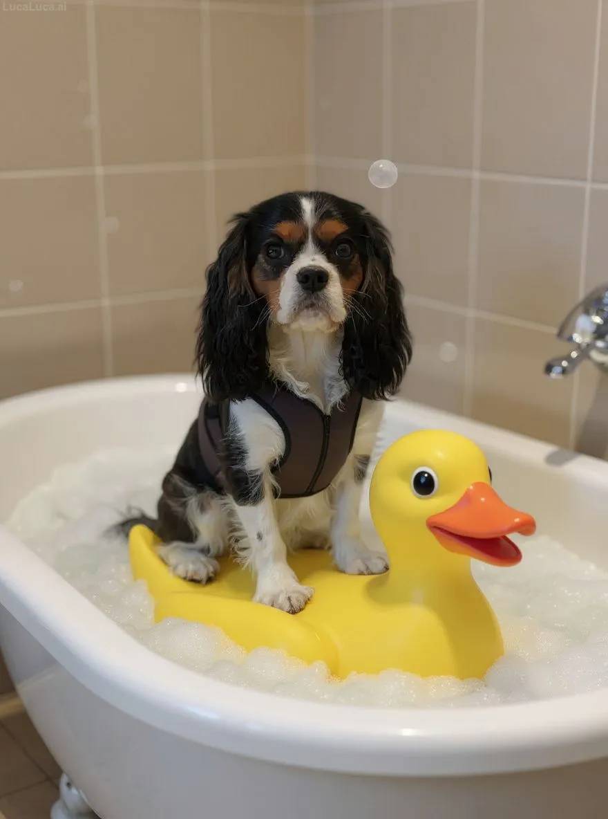 Cavalier King Charles Spaniel dog wearing a tiny life jacket riding a giant rubber duck in bubbles