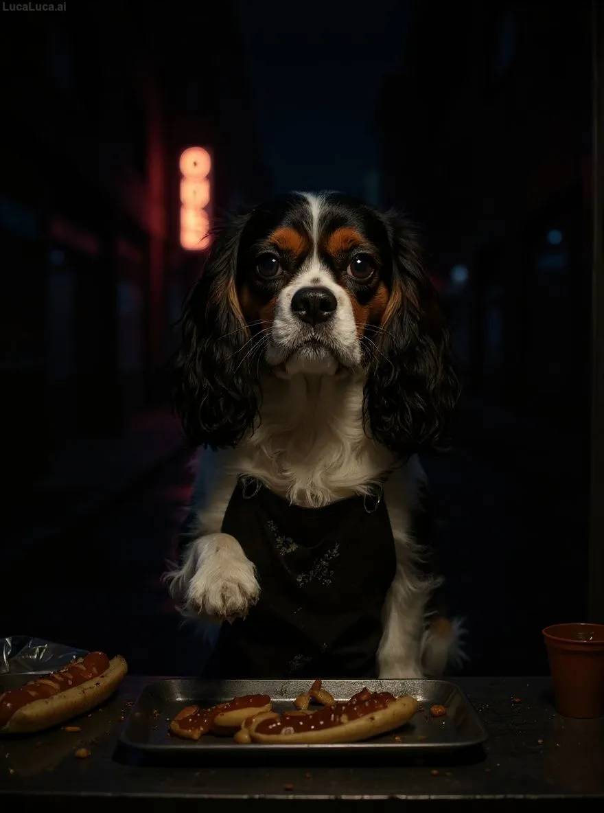 Cavalier King Charles Spaniel dog in a stained apron flipping hot dogs at a neon-lit food stand